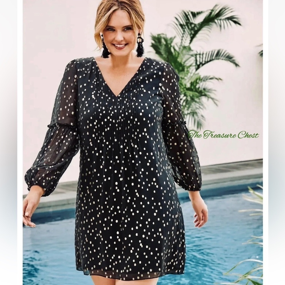 Lilly Pulitzer Cleme Lined Sheer Long Sleeve Silk Black n Gold Dress size 16